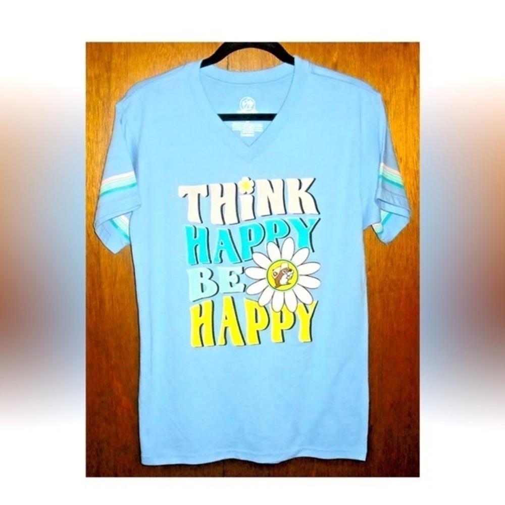 Buc-ees Womens T-Shirt Light Blue V-Neck Think Happy Logo Graphic Size 3X